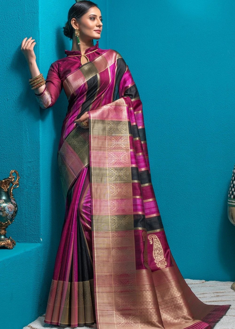 Magenta Pink Woven Tussar Silk Saree Urban Womania