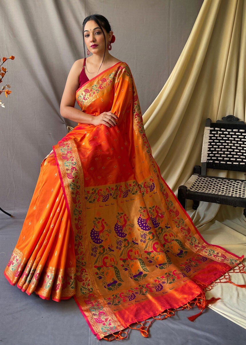 Orange Woven Paithani Silk Saree Urban Womania