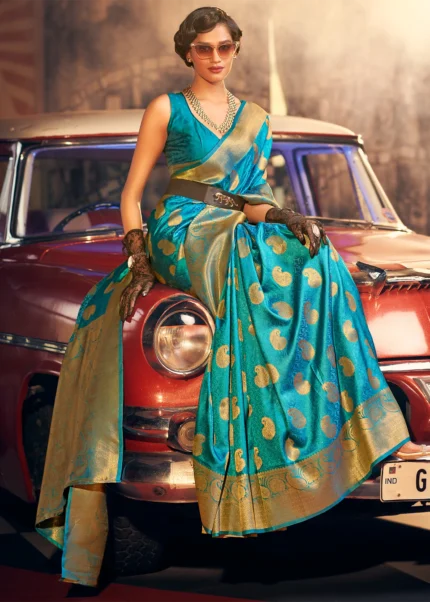 Turquoise Blue Banarasi Satin Tissue Silk Saree Urban Womania