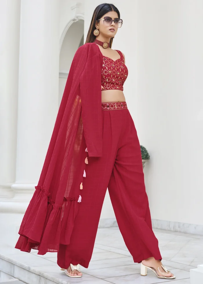 Red Crop Top Palazzo Set With Shrug Urban Womania