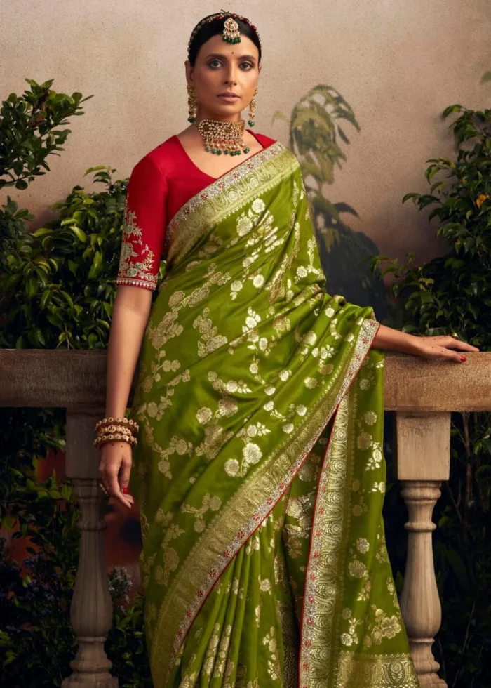 Mehndi Green Banarasi Dola Silk Saree With Embroidery Work Urban Womania