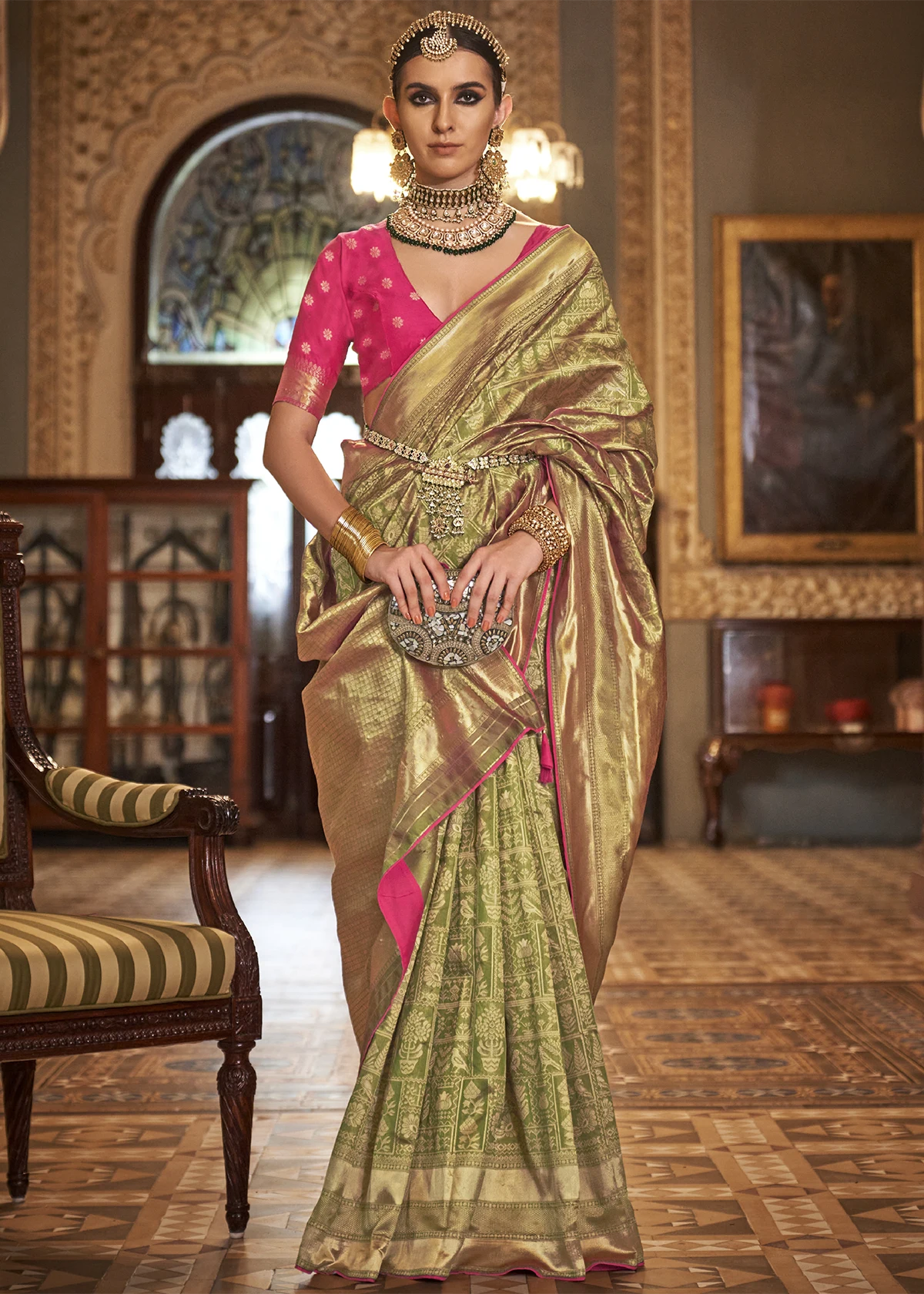 Olive Green Banarasi Saree With Brocade Blouse Urban Womania