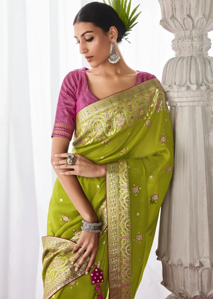 Parrot Green Kora Silk Saree With Meenakari Urban Womania