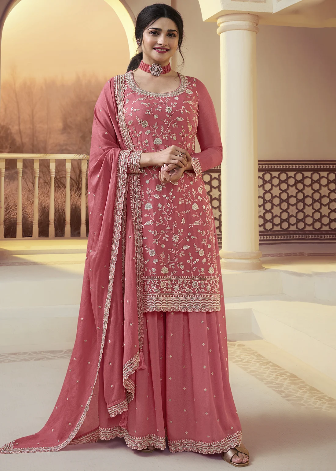 Coral Peach Chinon Embroidered Sharara Suit Urban Womania