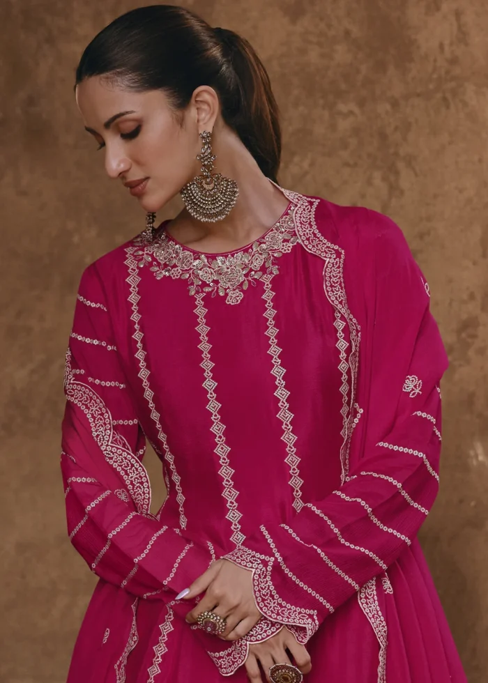 Embroidered Rani Pink Chinon Silk Sharara Suit Urban Womania