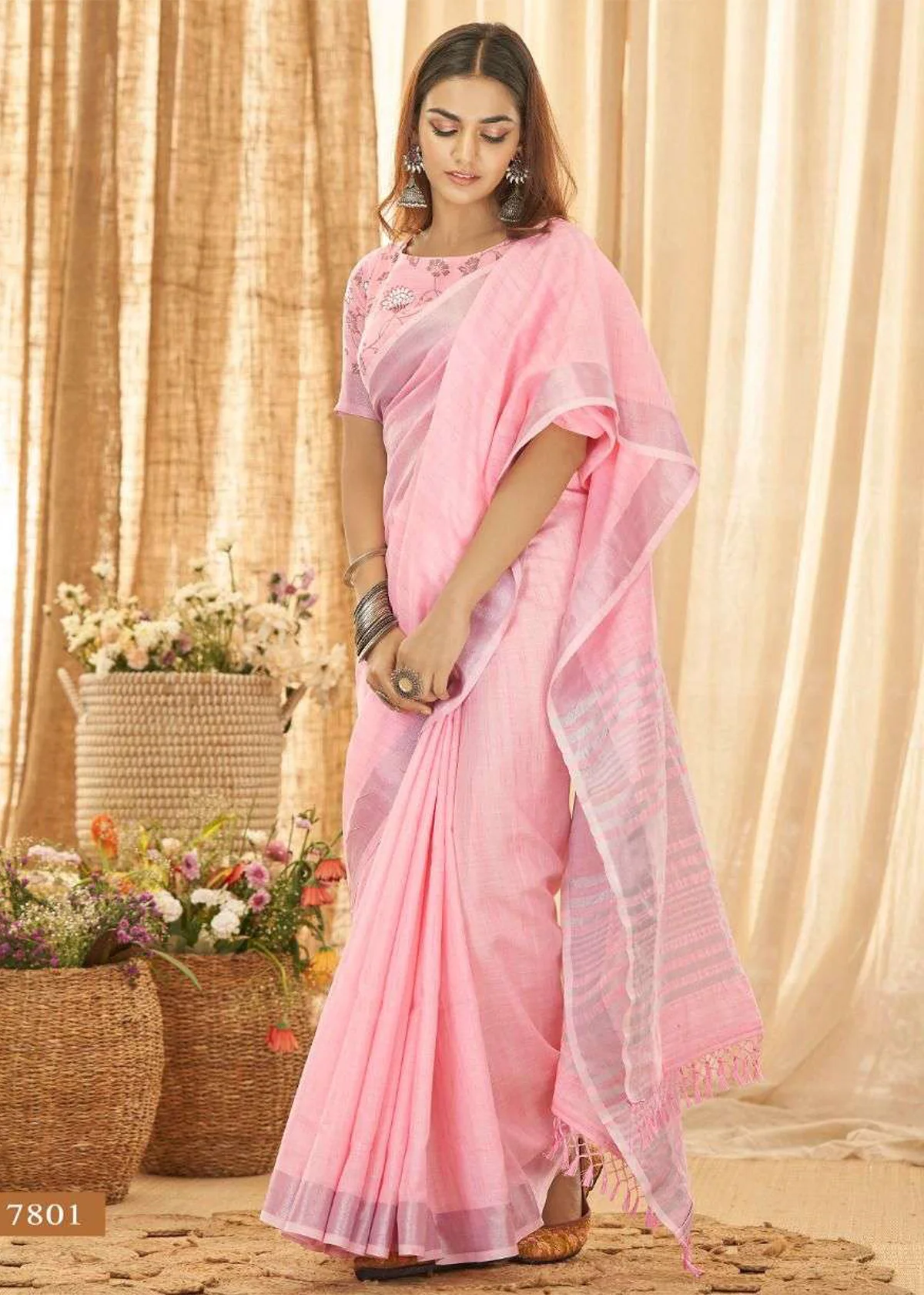 Flamingo Pink Kanjivaram Silk Saree With Silver Zari | Singhania's