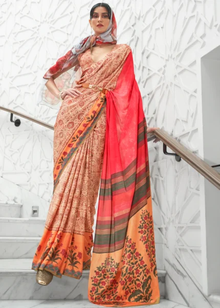 Beige Satin Crepe Kalamkari Printed Saree