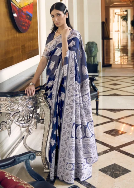 Blue Cotton Silk Saree with Lucknowi Weaving