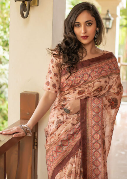 Cream Digitally Printed Linen Saree