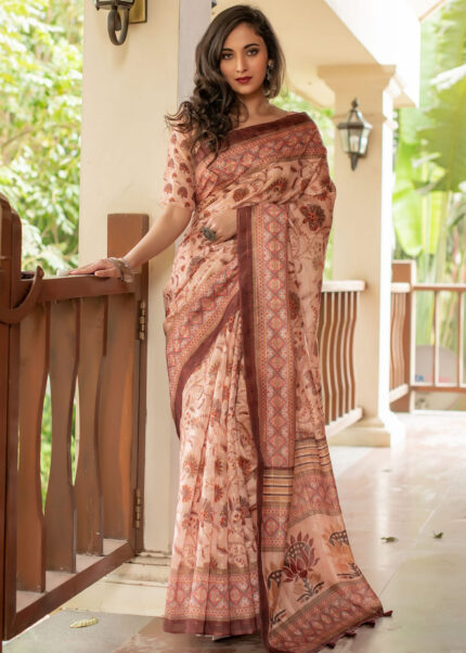 Chiku Colour Digitally Printed Linen Saree