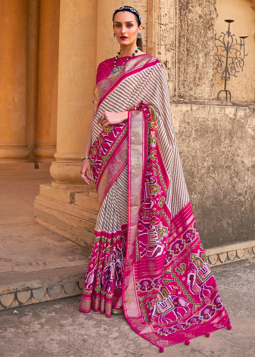 Buy Sangam Prints Dark Pink Banarasi Silk Siroski Stone Work Traditional  Saree with Unstitched Blouse online