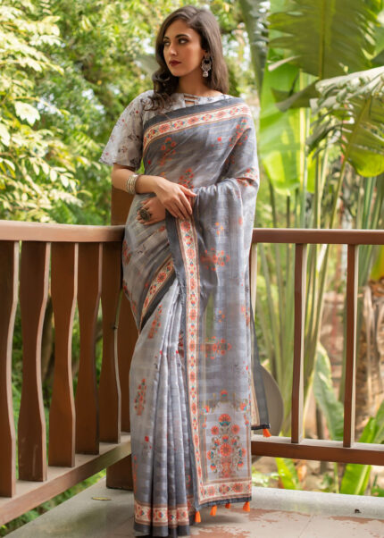 Gray Digitally Printed Linen Saree