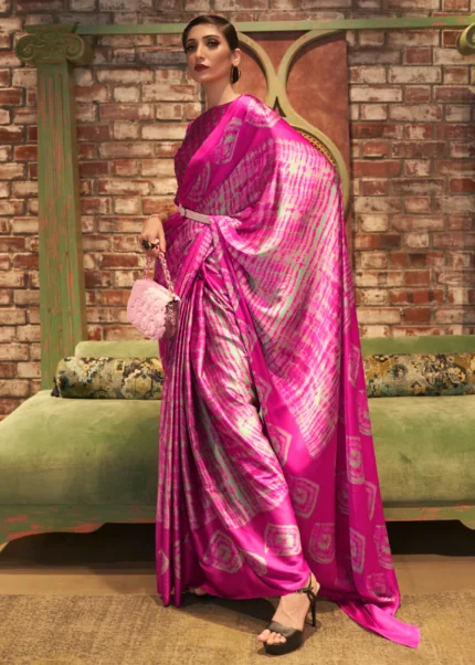 Hot Pink & White Satin Silk Printed Saree