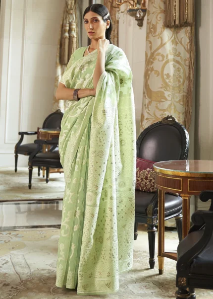 Mint Green Cotton Silk Lucknowi Saree