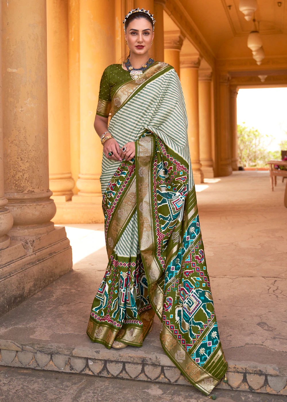 Enigmatic Maroon Silk Saree with Olive Green Blouse