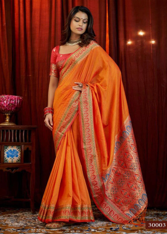 Orange & Red Woven Tussar Silk Saree