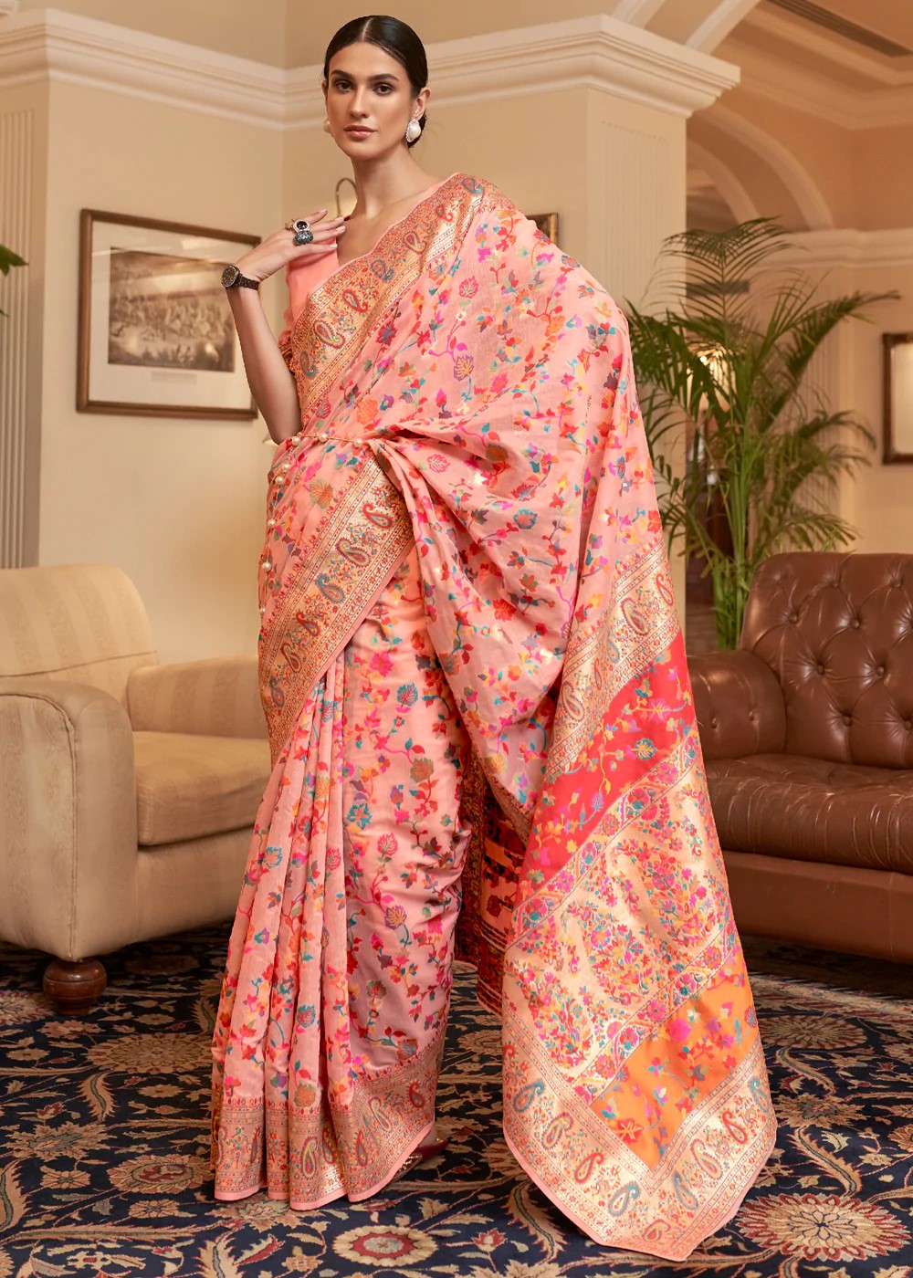 Blush Peach Kanjivaram Saree - Urban Womania