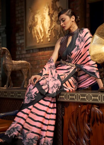 Pink & Black Satin Silk Printed Saree