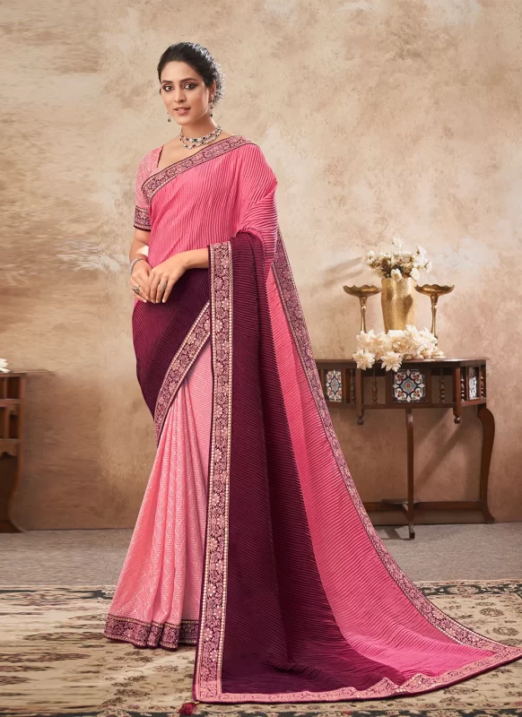 Pink Dual-tone Half N Half Chinon Chiffon Saree