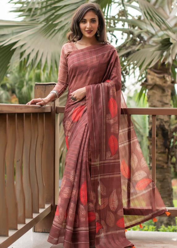 Redwood Digital Print Linen Saree