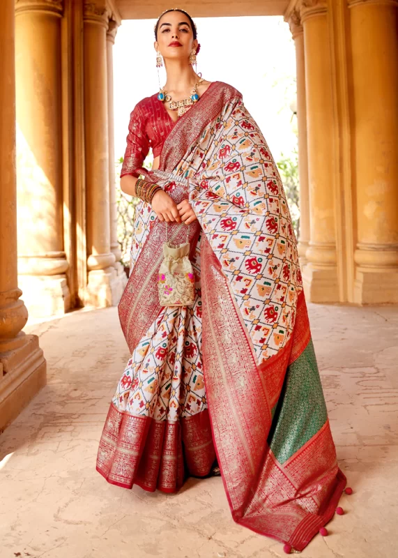 Gorgeous White Patola Silk Saree