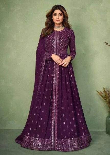 Purple Heavy Embroidery Designer Skirt Top Set