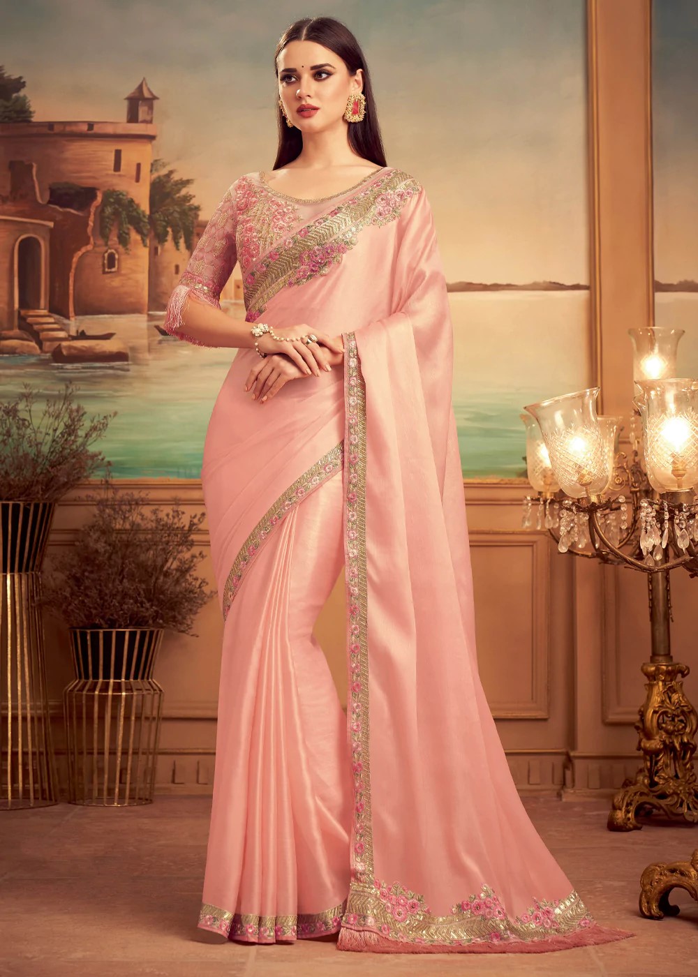 Baby Pink Designer Organza Silk Saree Sequence and Beads Handwork  Bridesmaids Saree Fall Petticoat USA Worldwide Poonam Sarees - Etsy