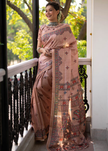 Dark Peach Madhubani Print Tussar Silk Saree