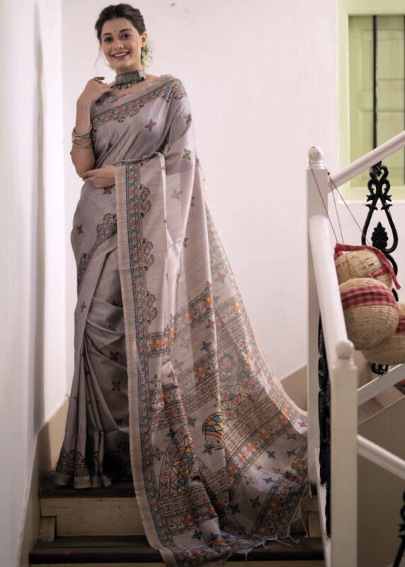 Gray Madhubani Print Tussar Silk Saree