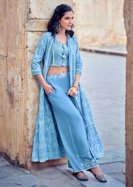 Light Blue Indo-Western Crop Top Plazzo Set with Shrug