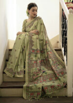 Olive Green Madhubani Print Tussar Silk Saree