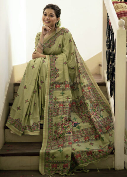 Olive Green Madhubani Print Tussar Silk Saree