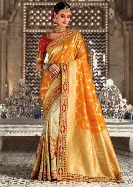 Orange & White Dual-Colour Woven Banarasi Silk Saree