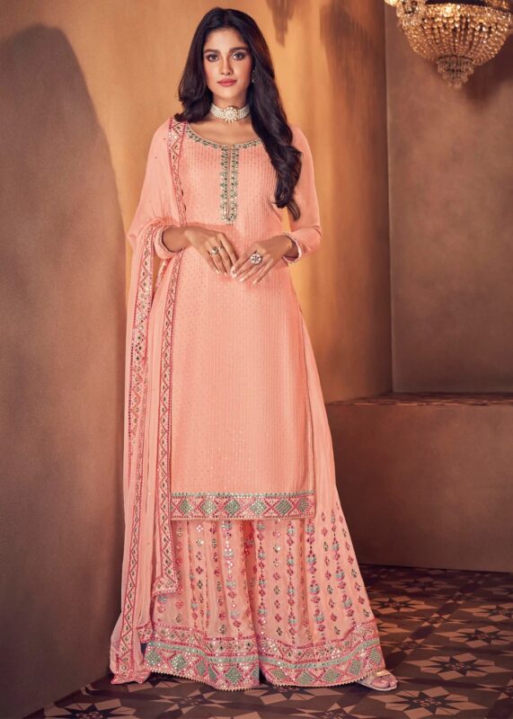 Peachy Pink Semi-Stitched Georgette Palazzo Suit Set