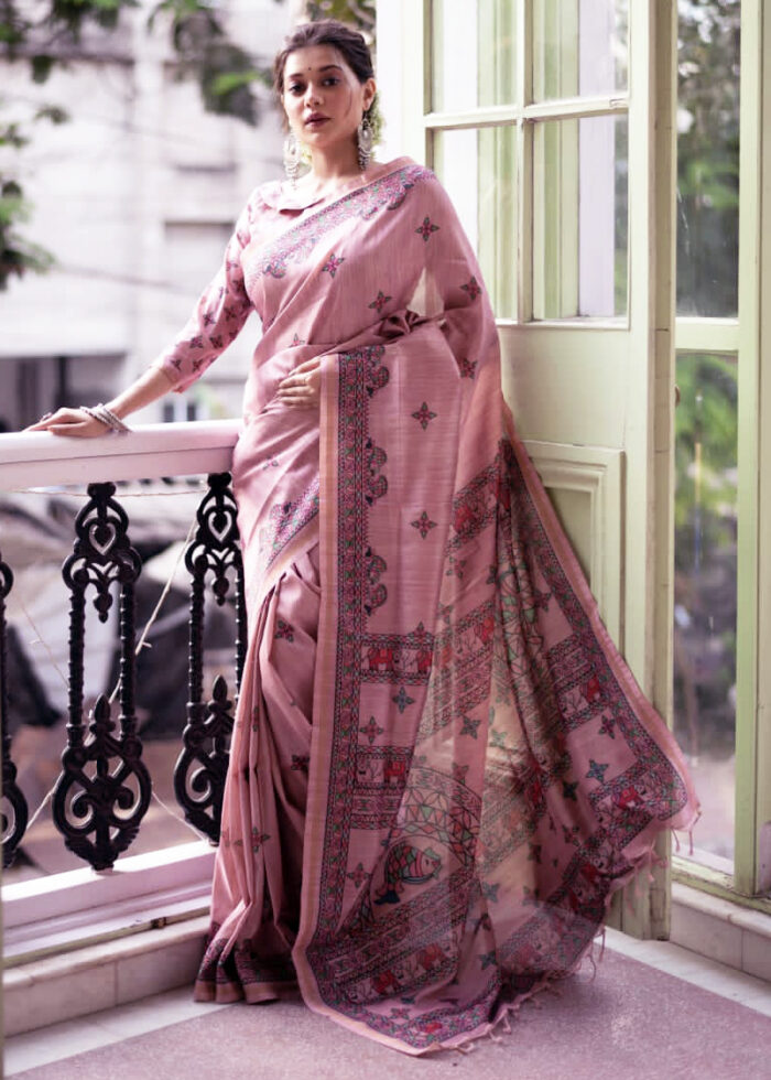 Pink Madhubani Print Tussar Silk Saree