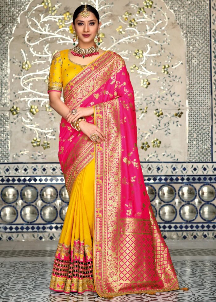 Pink & Yellow Dual-Colour Woven Banarasi Silk Saree