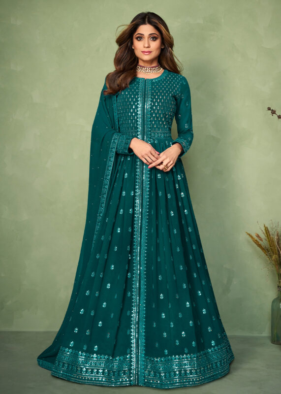 Teal Heavy Embroidery Designer Skirt Top Set