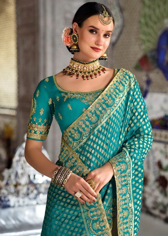 Turquoise Blue & Gray Dual-Colour Woven Banarasi Silk Saree