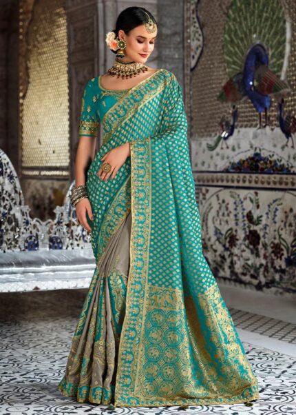 Turquoise Blue & Gray Dual-Colour Woven Banarasi Silk Saree