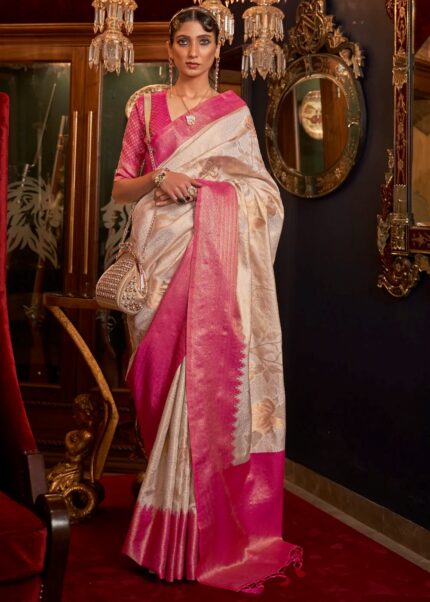 White & Pink Dual Colour Woven Banarasi Silk Saree