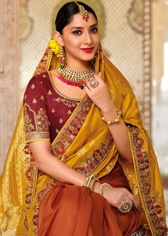 Yellow & Brown Dual-Colour Woven Banarasi Silk Saree