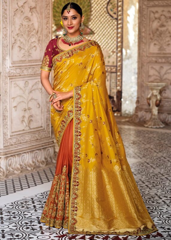 Yellow & Brown Dual-Colour Woven Banarasi Silk Saree