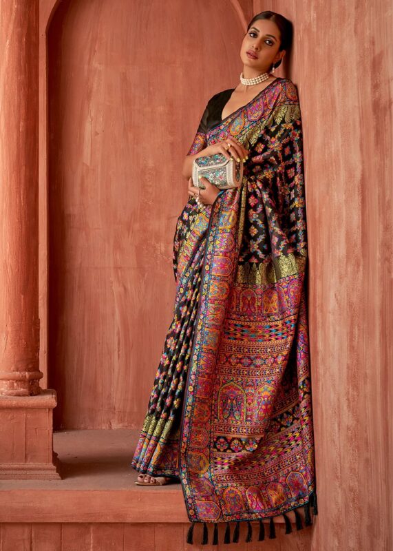 Black Kashmiri Jamawar Woven Pashmina Silk Saree