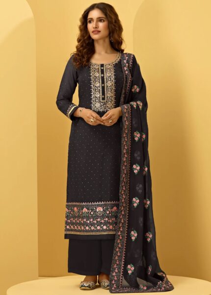 Black Unstitched Embroidered Georgette Suit Set