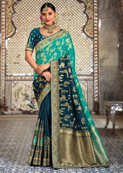 Blue Dual-tone Half N Half Woven Banarasi Silk Saree