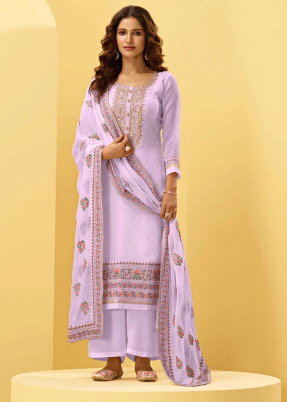 Lavender Unstitched Embroidered Georgette Suit Set