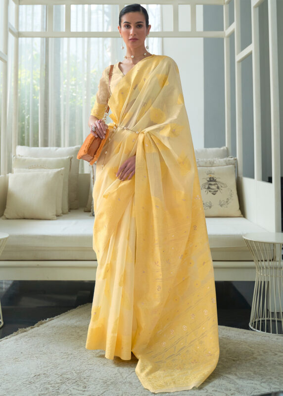 Lemon Yellow Cotton Saree with Lucknowi Chikankari Weaving