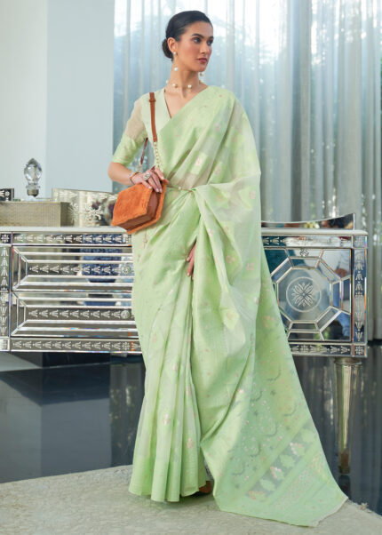 Mint Green Cotton Saree with Lucknowi Chikankari Weaving