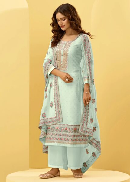 Misty Teal Unstitched Embroidered Georgette Suit Set