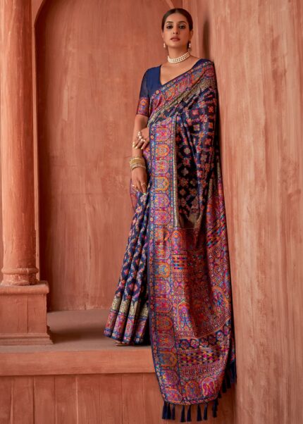 Navy Blue Kashmiri Jamawar Woven Pashmina Silk Saree